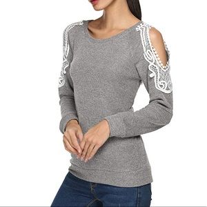 Finejo Long Sleeve Cold Shoulder Lace Top Blouse